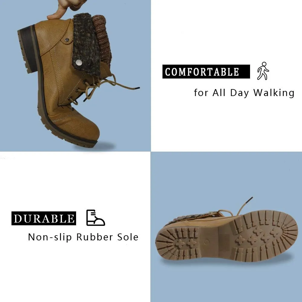 Womens Knitted Cuff Ankle Booties Lace up Combat Boots Folded Collar Stylish Snow Boots Hiking Shoes