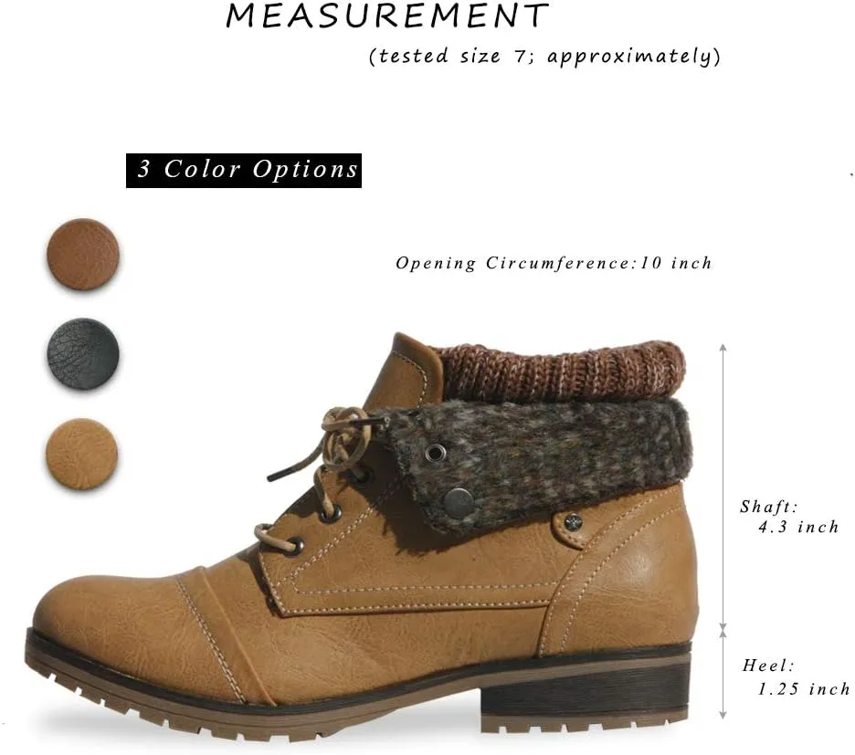 Womens Knitted Cuff Ankle Booties Lace up Combat Boots Folded Collar Stylish Snow Boots Hiking Shoes