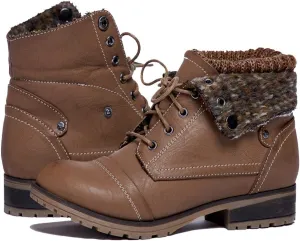 Womens Knitted Cuff Ankle Booties Lace up Combat Boots Folded Collar Stylish Snow Boots Hiking Shoes