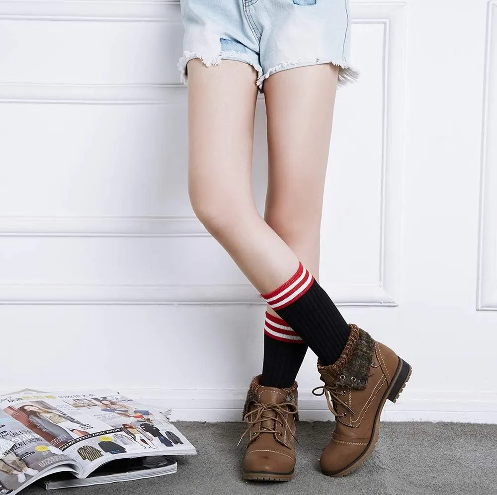 Womens Knitted Cuff Ankle Booties Lace up Combat Boots Folded Collar Stylish Snow Boots Hiking Shoes