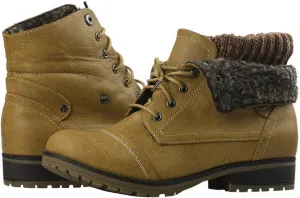 Womens Knitted Cuff Ankle Booties Lace up Combat Boots Folded Collar Stylish Snow Boots Hiking Shoes