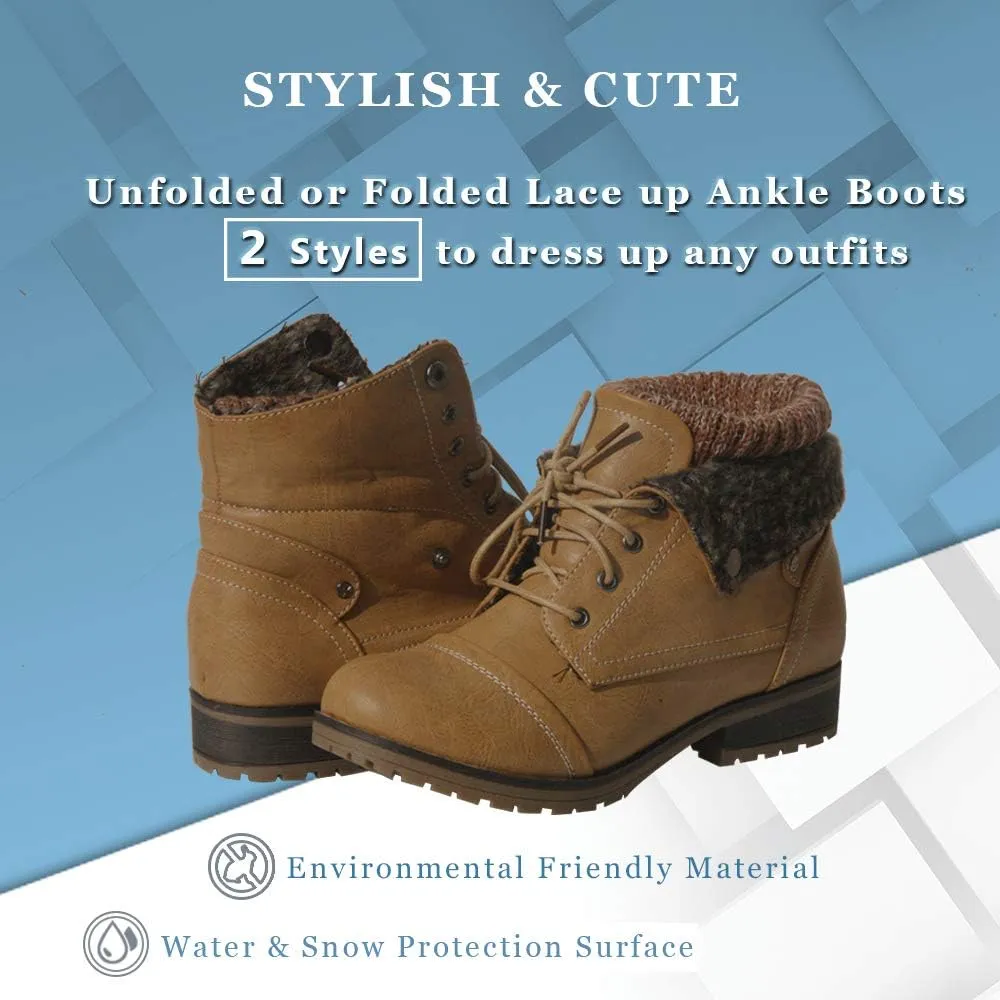 Womens Knitted Cuff Ankle Booties Lace up Combat Boots Folded Collar Stylish Snow Boots Hiking Shoes