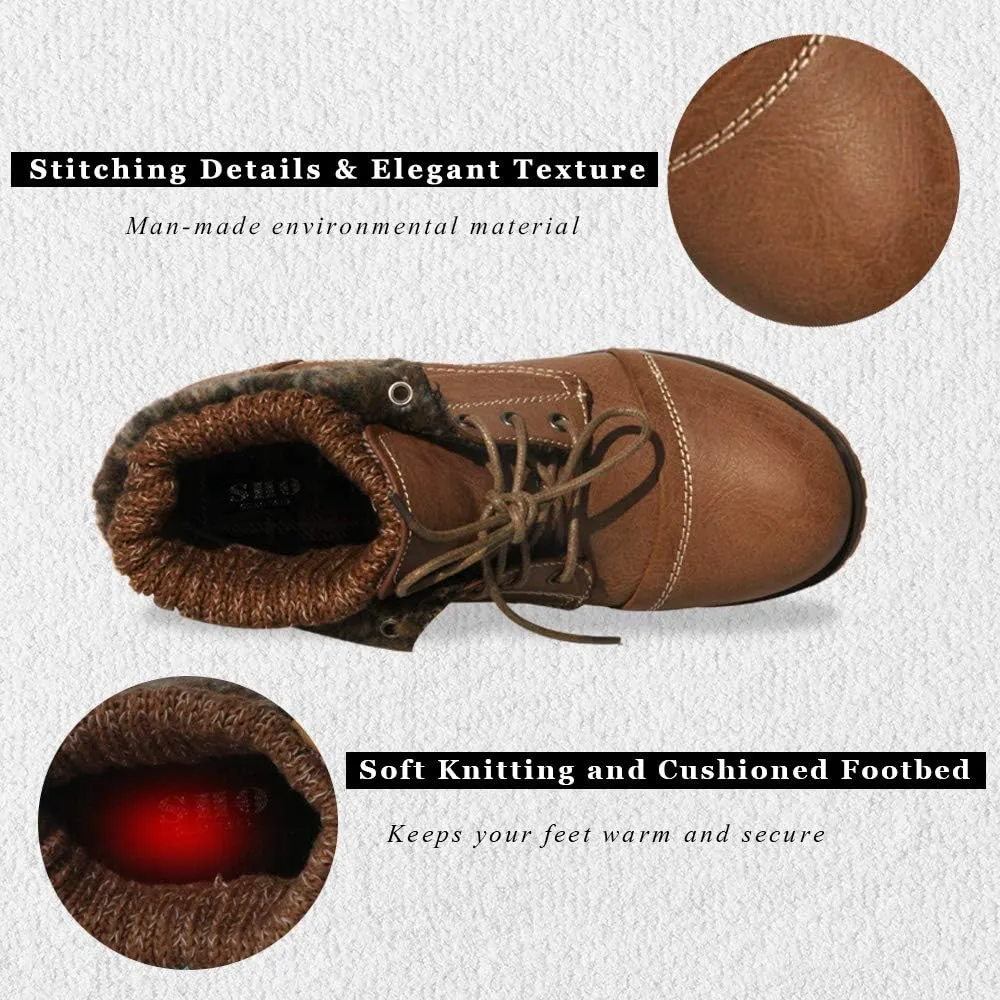 Womens Knitted Cuff Ankle Booties Lace up Combat Boots Folded Collar Stylish Snow Boots Hiking Shoes