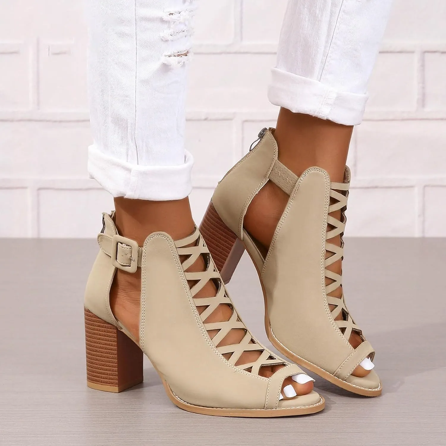 Women's Open Toe Booties with Block Heel and Side Comfortable and Stylish Cut Out Thong High Heels Sandals for Women