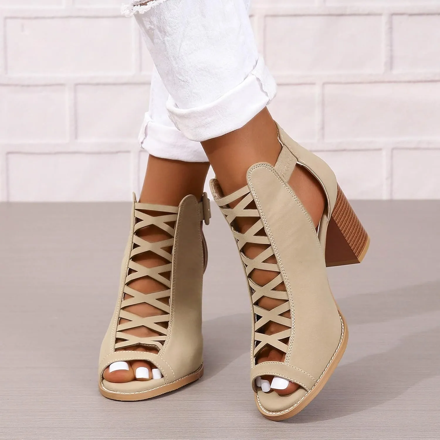 Women's Open Toe Booties with Block Heel and Side Comfortable and Stylish Cut Out Thong High Heels Sandals for Women