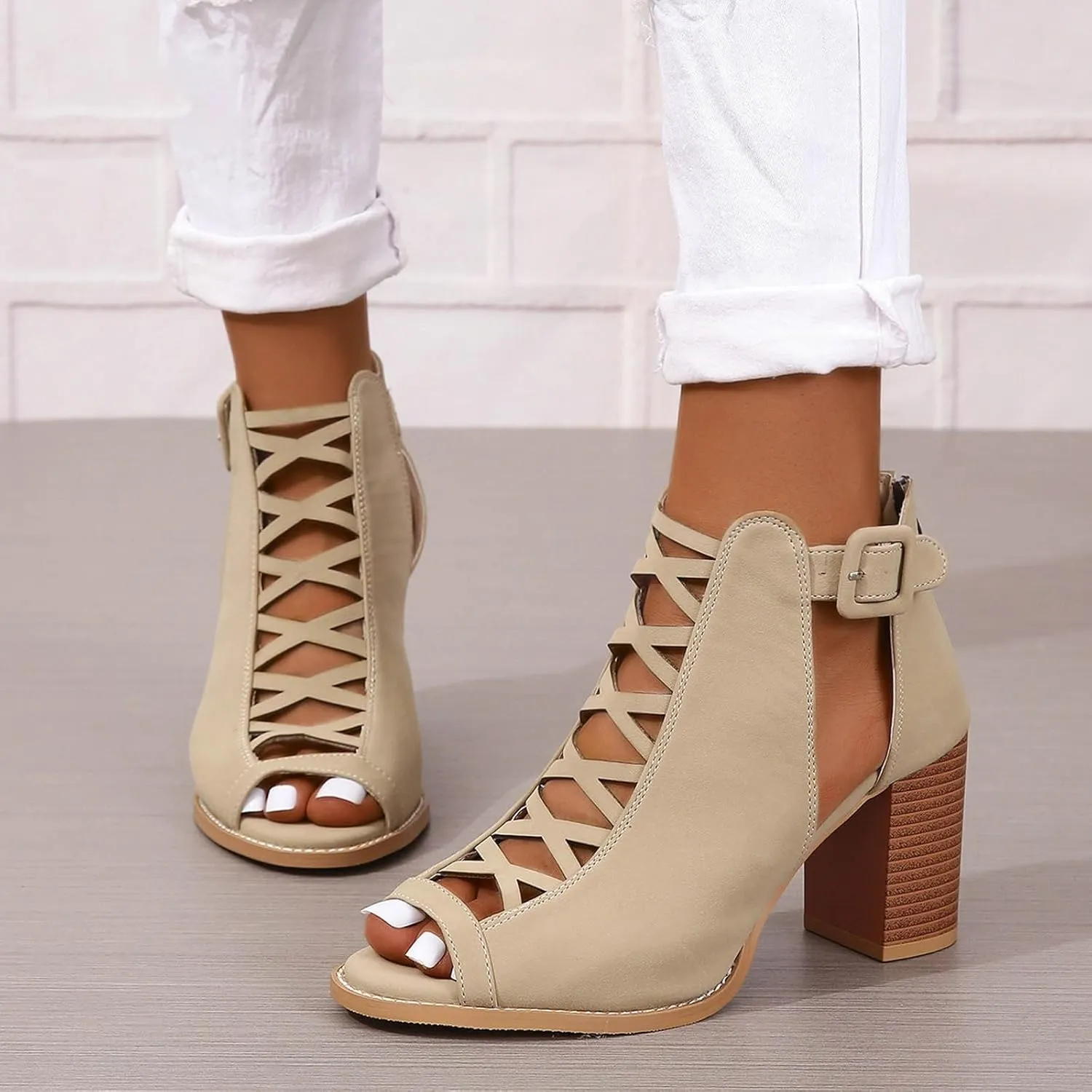 Women's Open Toe Booties with Block Heel and Side Comfortable and Stylish Cut Out Thong High Heels Sandals for Women