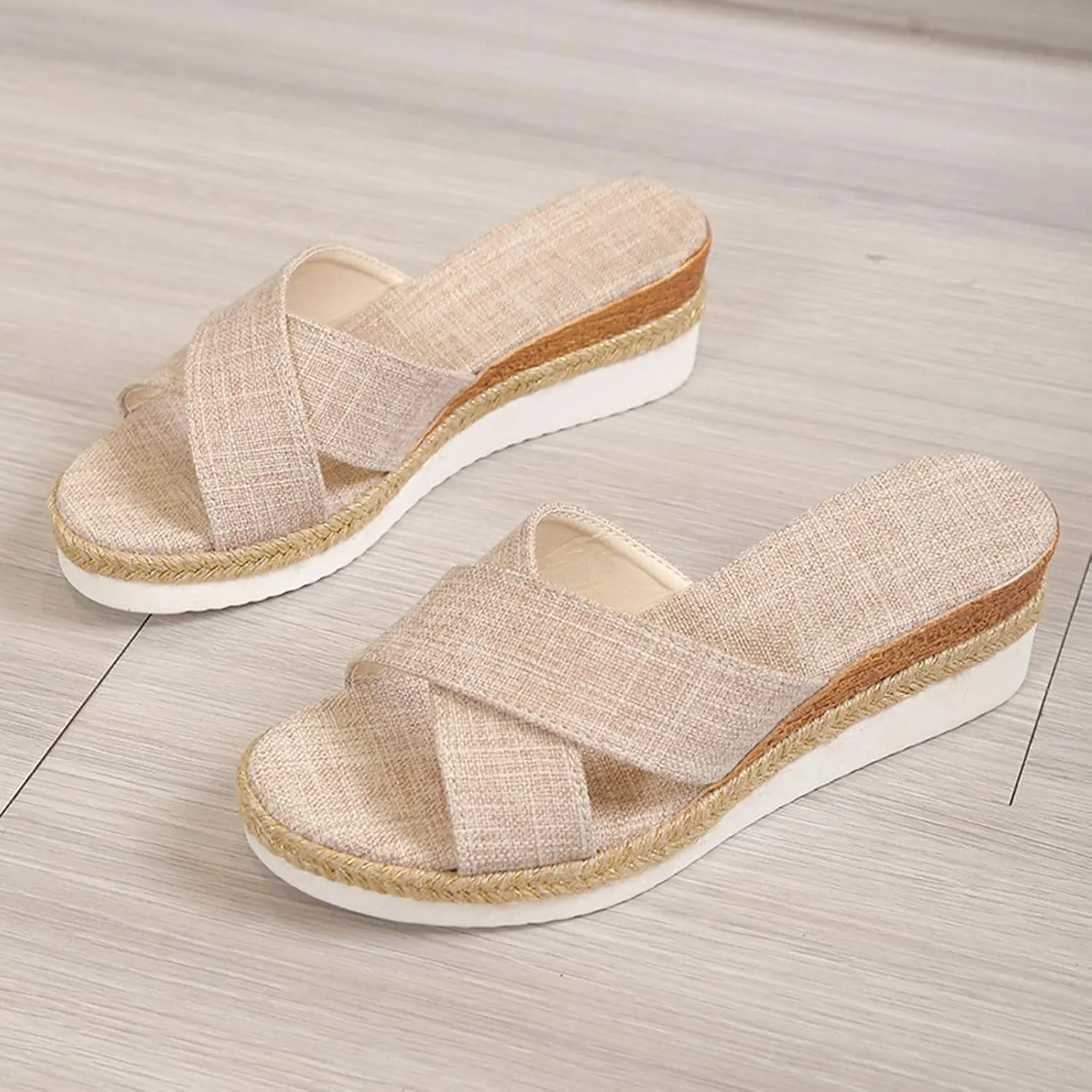 Womens Platform Sandals Open Toe Resort Comfortable Beach Sandals Slide Slip On Flatform Cute Beach Straw Raffia Woven Sandal Summer Beach Dressy Espadrille Wedges Vacation Comfy Slippers
