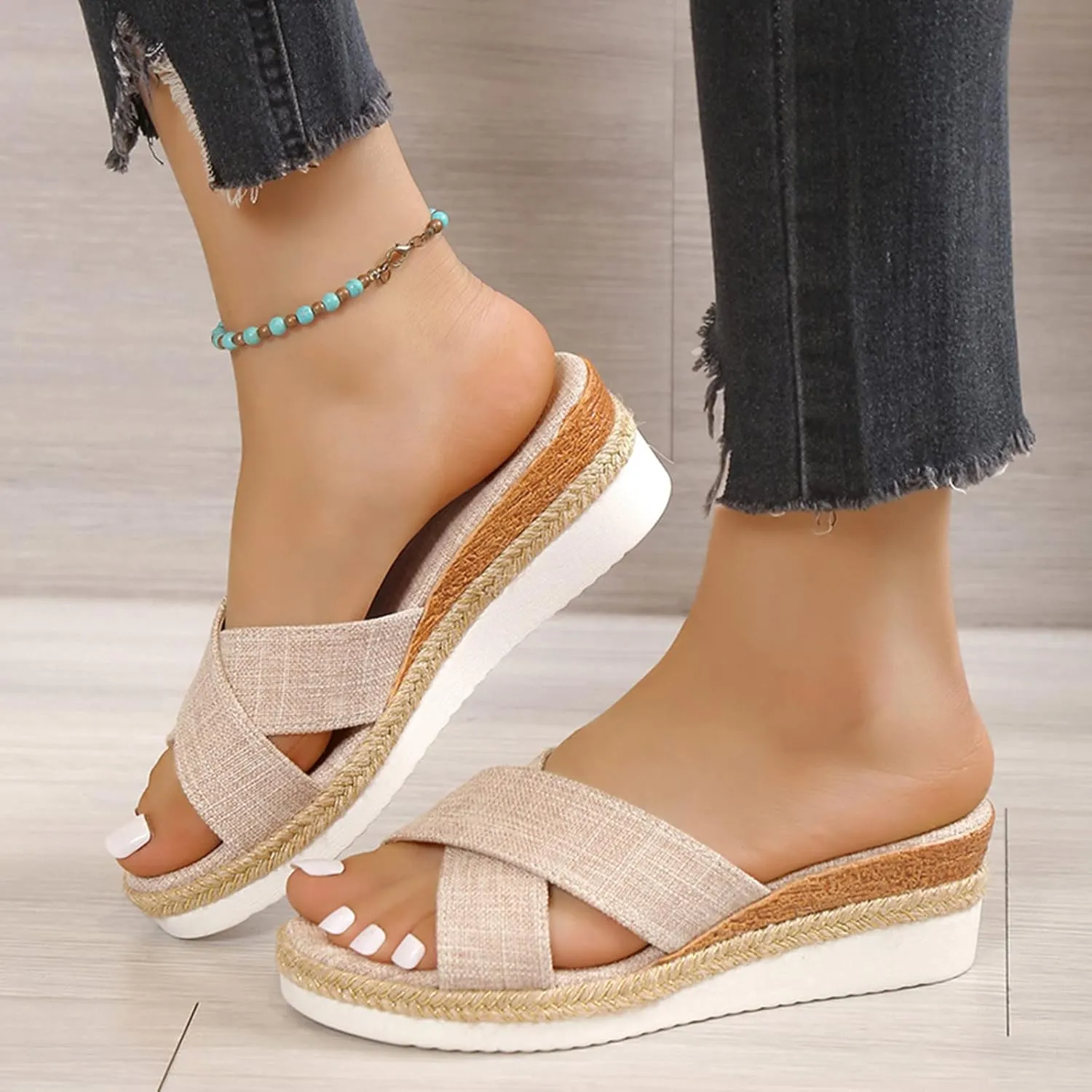 Womens Platform Sandals Open Toe Resort Comfortable Beach Sandals Slide Slip On Flatform Cute Beach Straw Raffia Woven Sandal Summer Beach Dressy Espadrille Wedges Vacation Comfy Slippers
