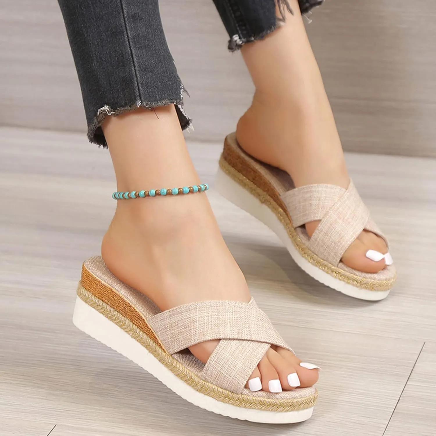 Womens Platform Sandals Open Toe Resort Comfortable Beach Sandals Slide Slip On Flatform Cute Beach Straw Raffia Woven Sandal Summer Beach Dressy Espadrille Wedges Vacation Comfy Slippers