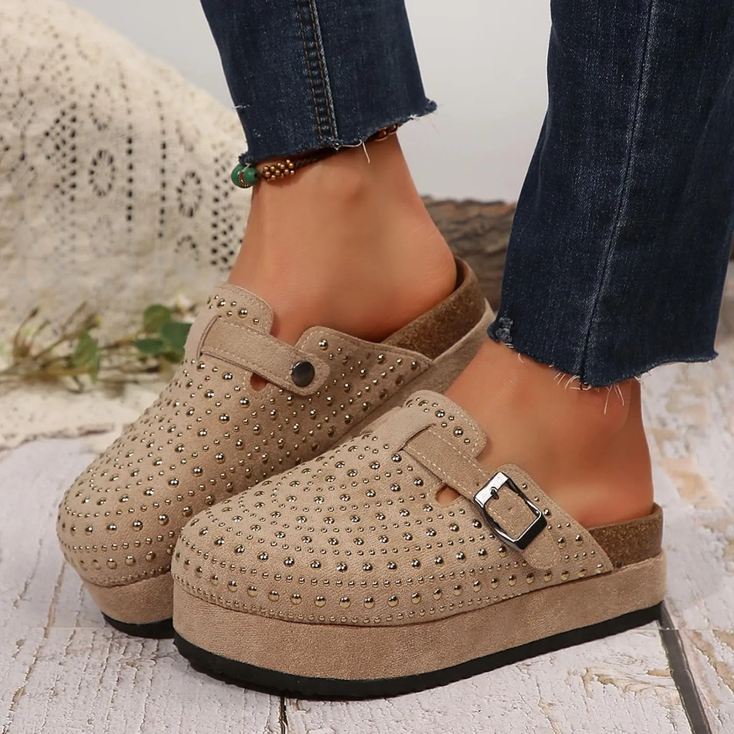 Women's Rhinestone Suede Clogs Mules Arch Support Potato Shoes 2025 Summer Casual Closed Toe Fashionable Slingback Footbed Mules Shoes Wide Width Slip On Comfortable Walking Platform Sandals