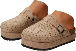 Women's Rhinestone Suede Clogs Mules Arch Support Potato Shoes 2025 Summer Casual Closed Toe Fashionable Slingback Footbed Mules Shoes Wide Width Slip On Comfortable Walking Platform Sandals