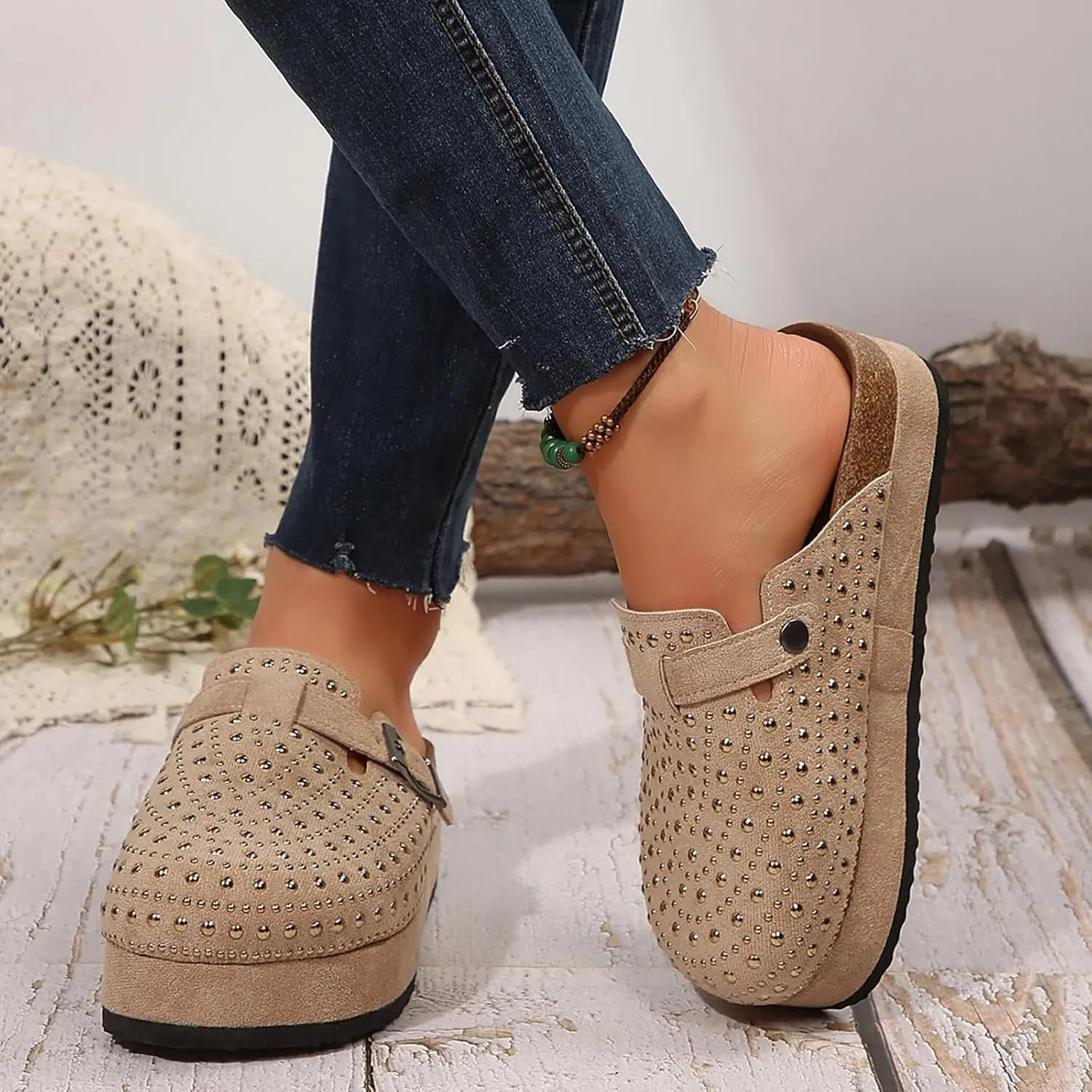 Women's Rhinestone Suede Clogs Mules Arch Support Potato Shoes 2025 Summer Casual Closed Toe Fashionable Slingback Footbed Mules Shoes Wide Width Slip On Comfortable Walking Platform Sandals