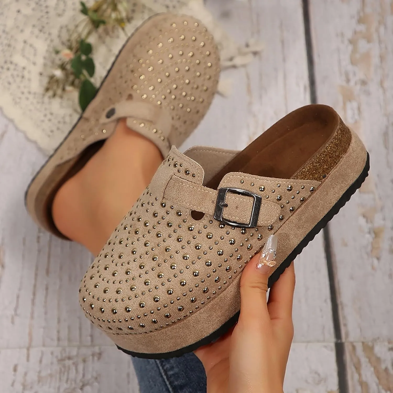 Women's Rhinestone Suede Clogs Mules Arch Support Potato Shoes 2025 Summer Casual Closed Toe Fashionable Slingback Footbed Mules Shoes Wide Width Slip On Comfortable Walking Platform Sandals