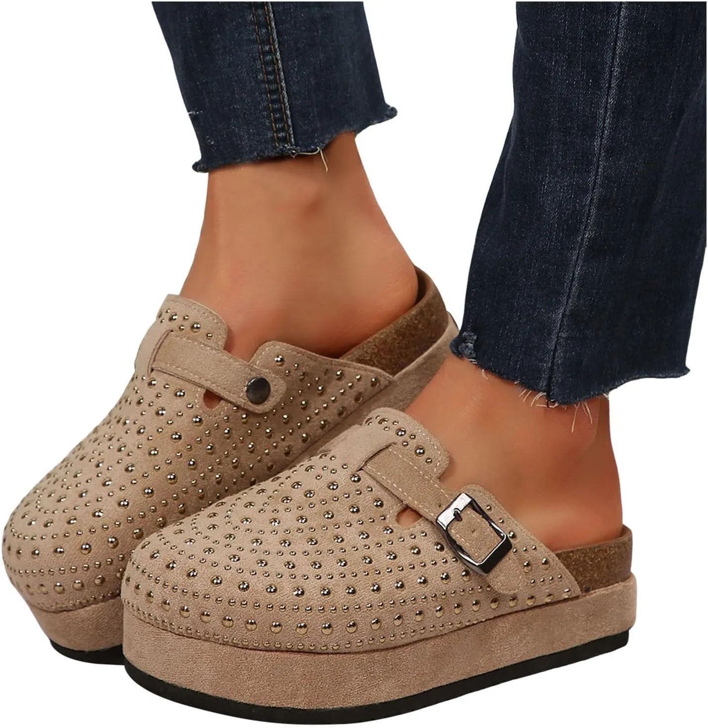 Women's Rhinestone Suede Clogs Mules Arch Support Potato Shoes 2025 Summer Casual Closed Toe Fashionable Slingback Footbed Mules Shoes Wide Width Slip On Comfortable Walking Platform Sandals