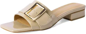 Women's Slide Heeled Sandals Opened Square Toe Chunky Block Heel Slippers with Buckle Slip on Casual Comfortable Pumps