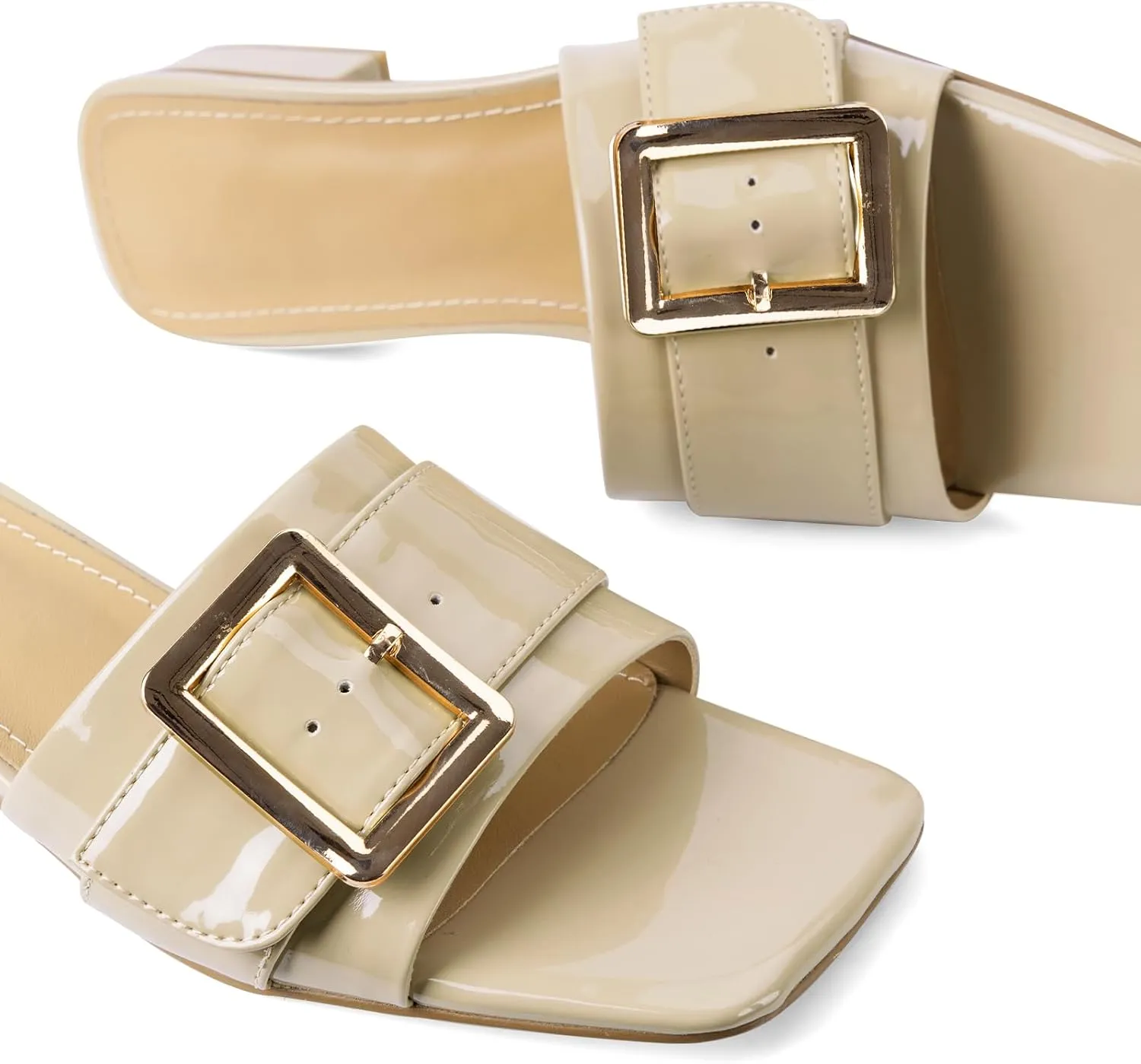 Women's Slide Heeled Sandals Opened Square Toe Chunky Block Heel Slippers with Buckle Slip on Casual Comfortable Pumps