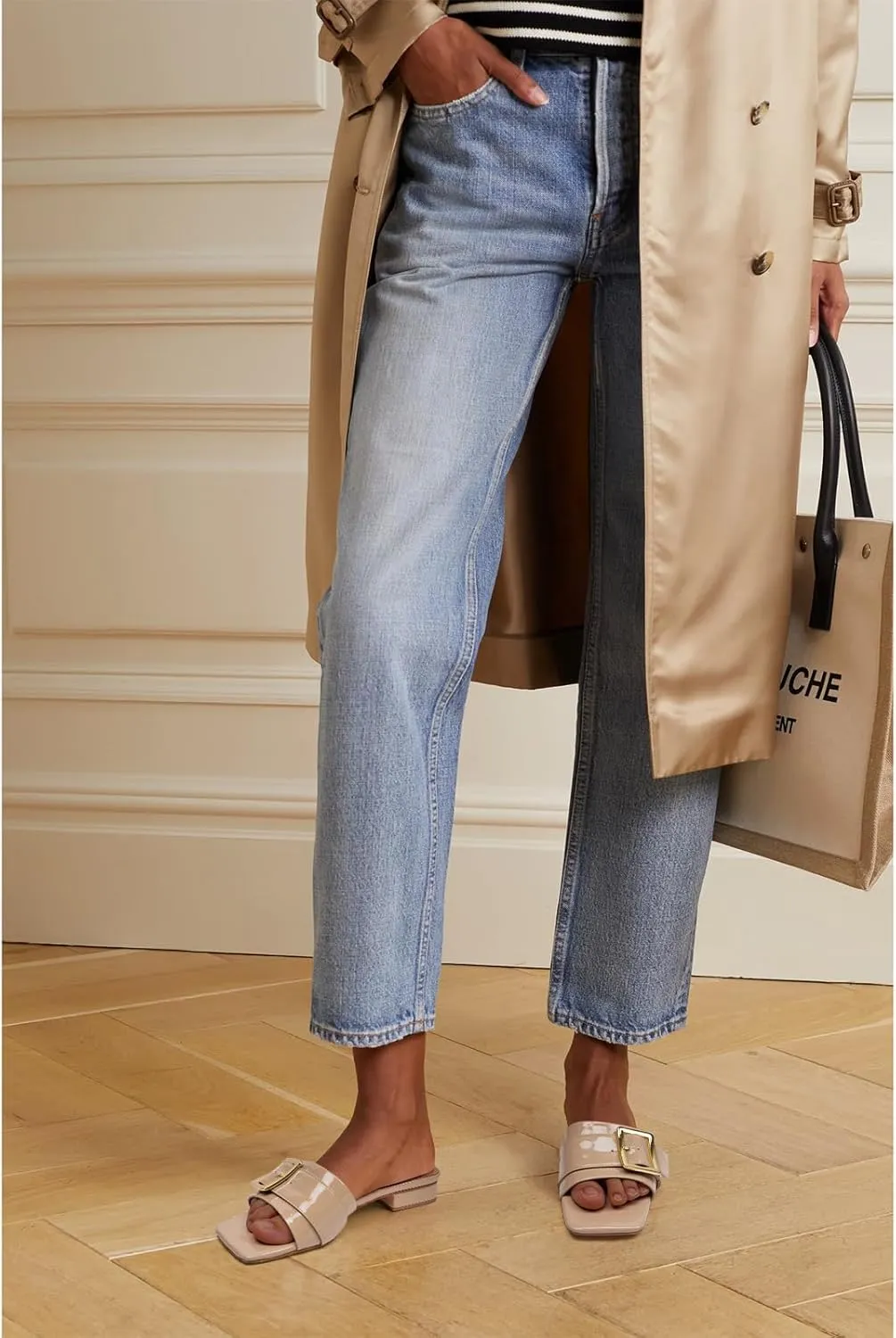 Women's Slide Heeled Sandals Opened Square Toe Chunky Block Heel Slippers with Buckle Slip on Casual Comfortable Pumps