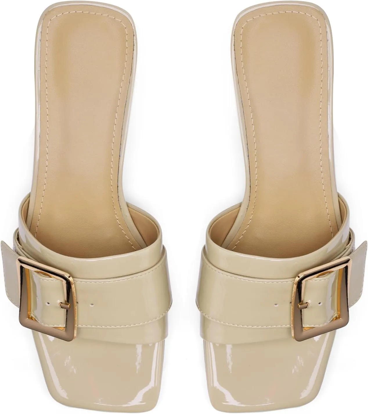 Women's Slide Heeled Sandals Opened Square Toe Chunky Block Heel Slippers with Buckle Slip on Casual Comfortable Pumps