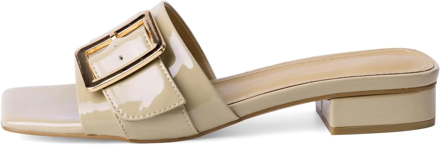Women's Slide Heeled Sandals Opened Square Toe Chunky Block Heel Slippers with Buckle Slip on Casual Comfortable Pumps
