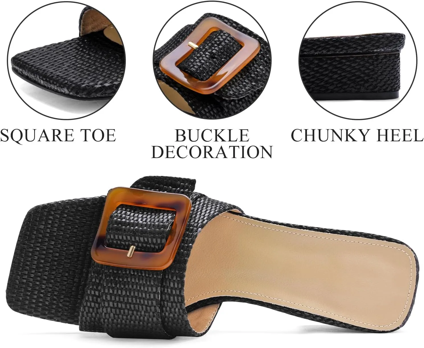 Women's Slide Heeled Sandals Opened Square Toe Chunky Block Heel Slippers with Buckle Slip on Casual Comfortable Pumps