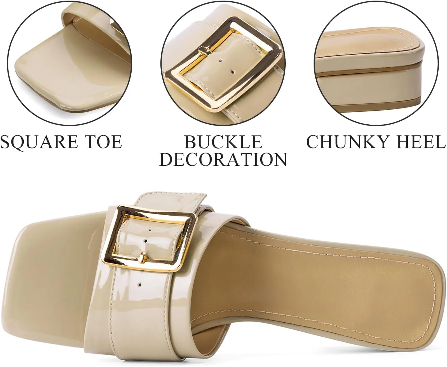 Women's Slide Heeled Sandals Opened Square Toe Chunky Block Heel Slippers with Buckle Slip on Casual Comfortable Pumps