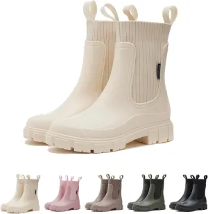 Women's Solid Color Waterproof Rain Boots, Waterproof Non-Slip Thick Sole Boots, Lightweight Stylish Ankle Shoes