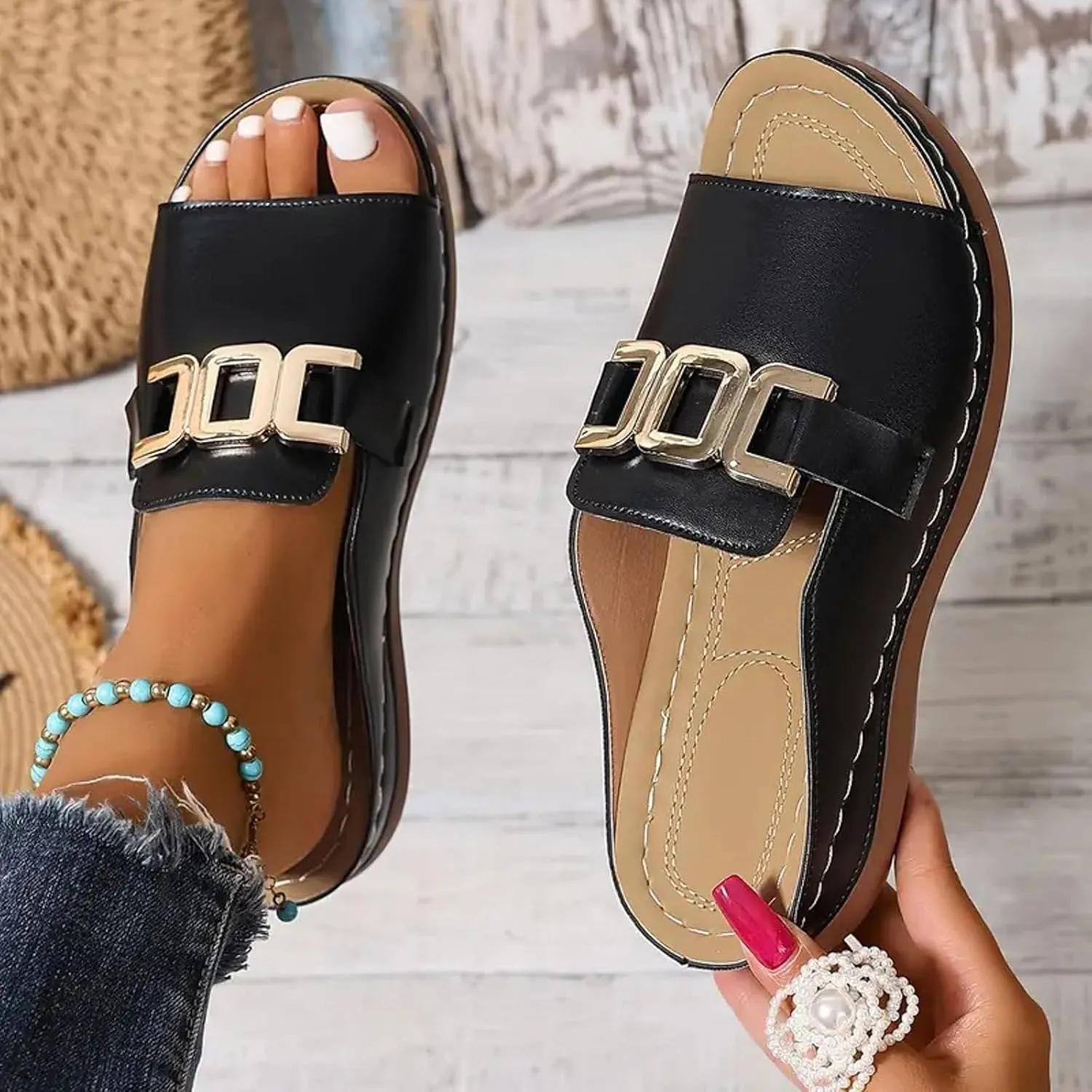 Womens Wedge Sandals Open Toe Orthopedic Elegant Versatile Bohemian Comfortable Walking Slip on Arch Support Trendy Casual Travel Shoes Dress Sandals